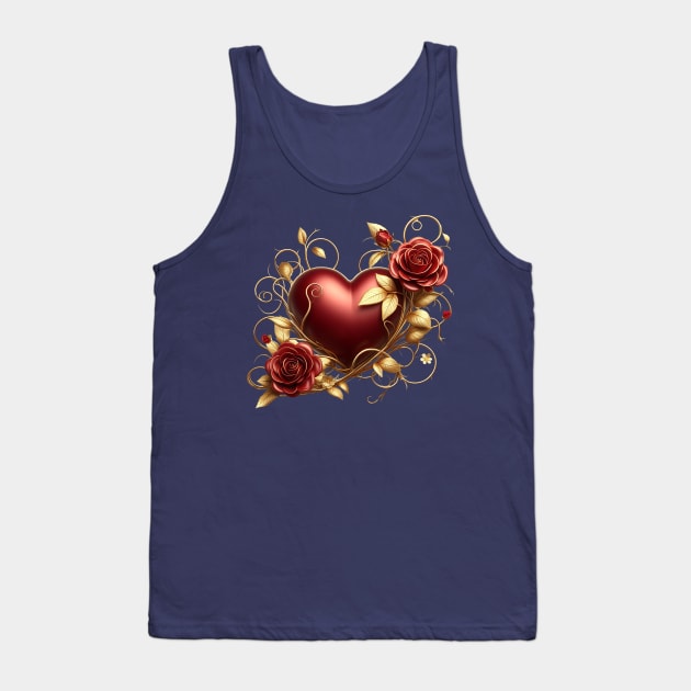 Valentines Day Red Heart, Red Roses, Golden Vines Tank Top by Amanda Lucas